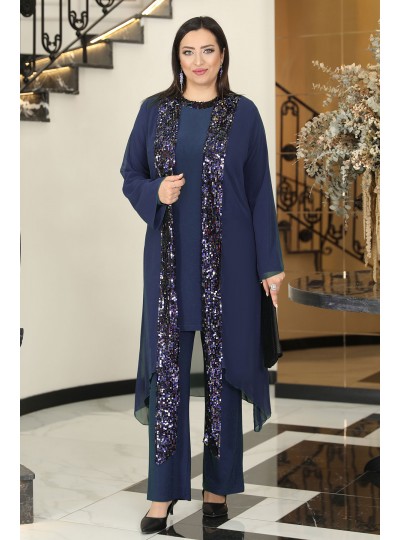 Rengin 3'lü Büyük Beden Tesettür Abiye Takım - Lacivert